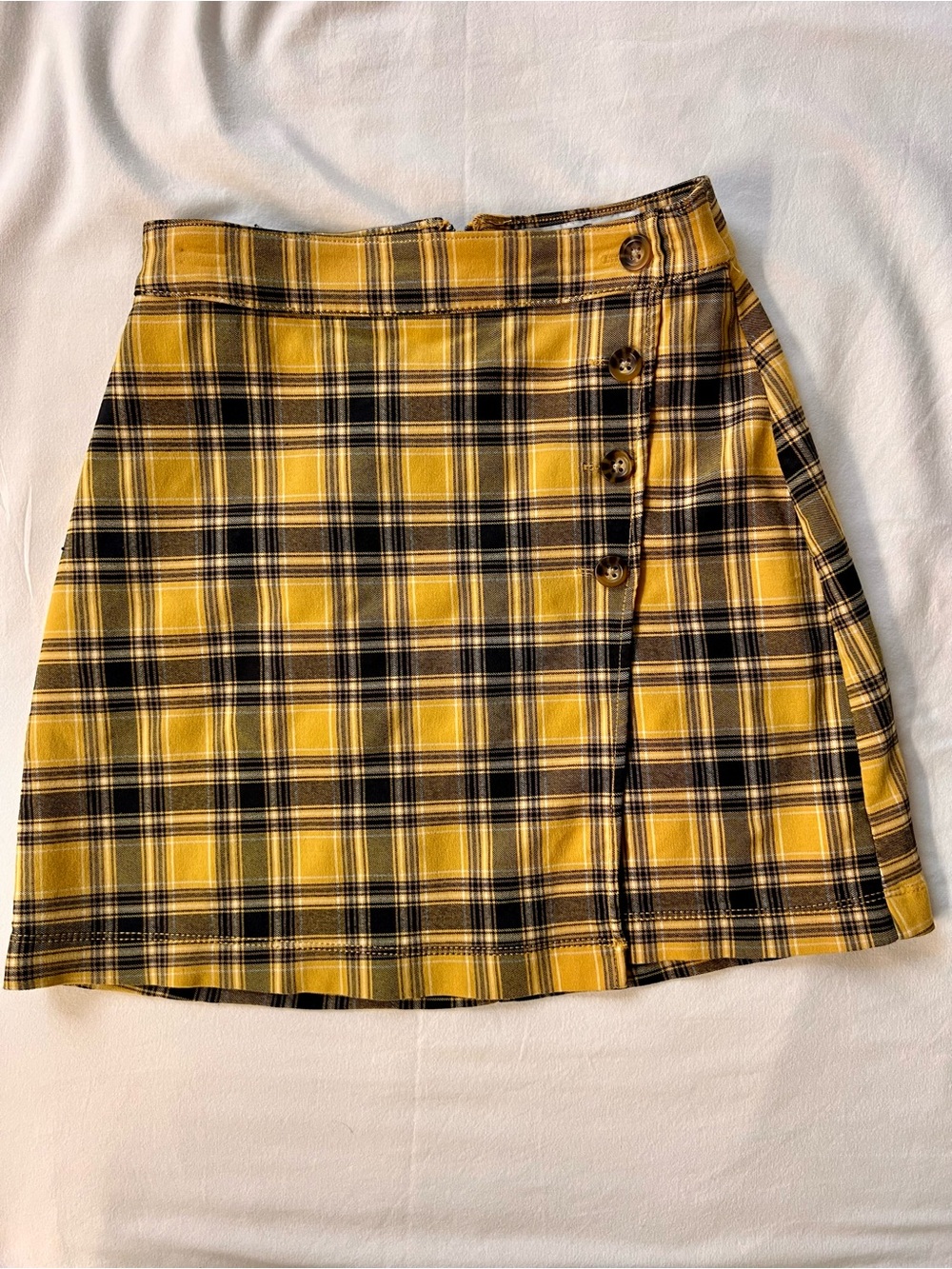 Hollister Yellow & Black Plaid Button-Side Mini Skirt